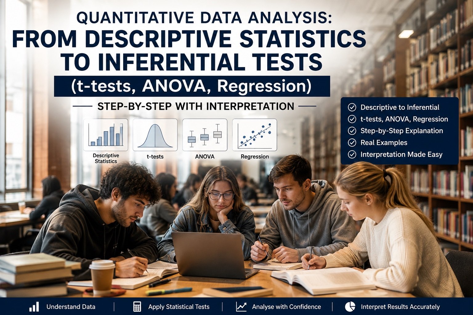 Quantitative Data Analysis: From Descriptive Statistics to Inferential Tests (t-tests, ANOVA, Regression) – Step-by-Step with Interpretation