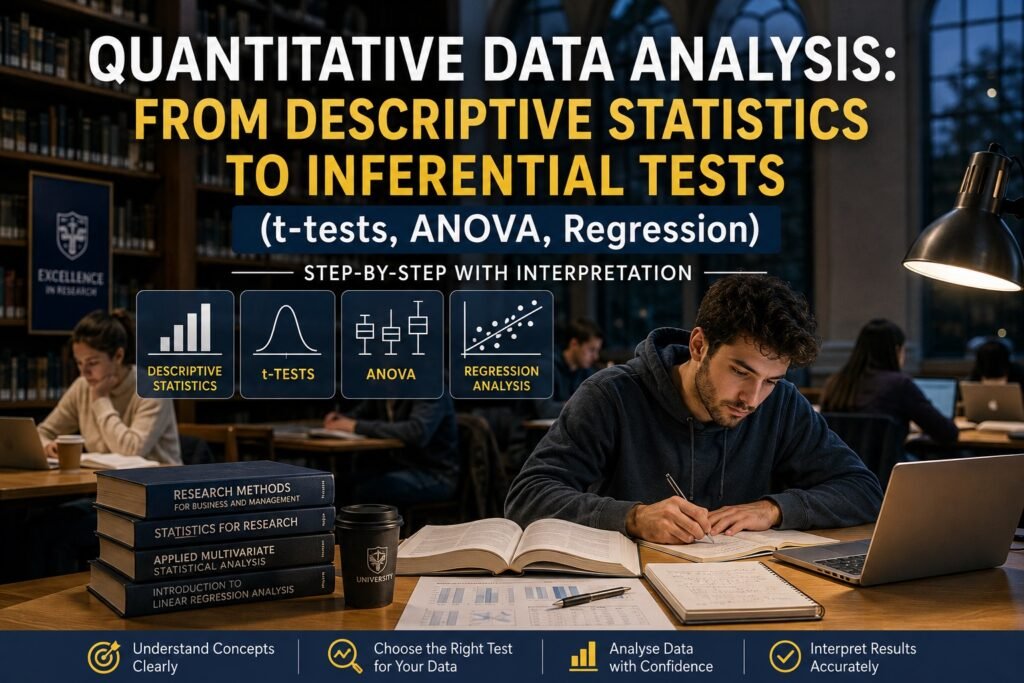 Quantitative Data Analysis: From Descriptive Statistics to Inferential Tests (t-tests, ANOVA, Regression) – Step-by-Step with Interpretation