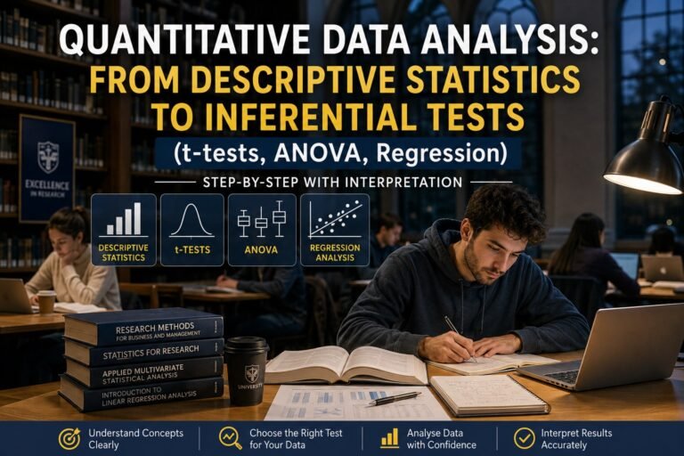 Quantitative Data Analysis: From Descriptive Statistics to Inferential Tests (t-tests, ANOVA, Regression) – Step-by-Step with Interpretation