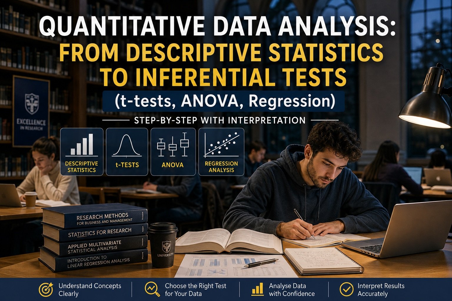 Quantitative Data Analysis: From Descriptive Statistics to Inferential Tests (t-tests, ANOVA, Regression) – Step-by-Step with Interpretation