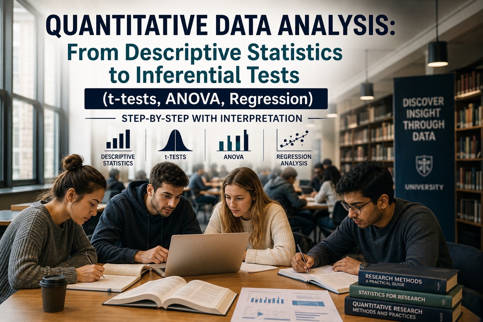 Quantitative Data Analysis: From Descriptive Statistics to Inferential Tests (t-tests, ANOVA, Regression) – Step-by-Step with Interpretation