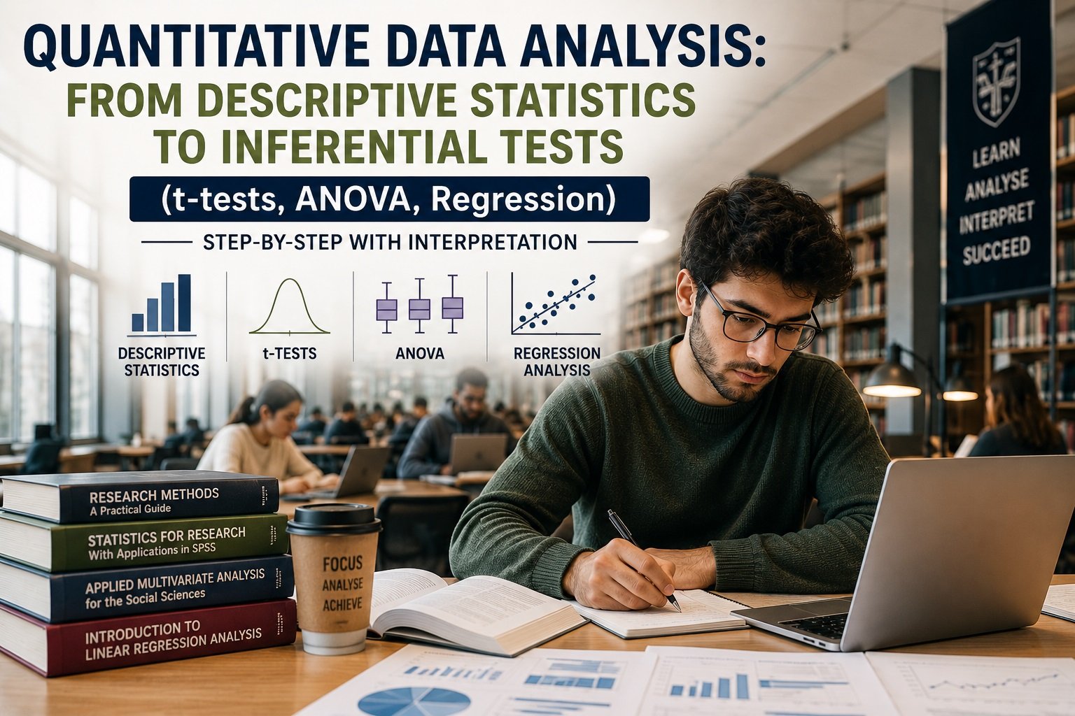 Quantitative Data Analysis: From Descriptive Statistics to Inferential Tests (t-tests, ANOVA, Regression) – Step-by-Step with Interpretation
