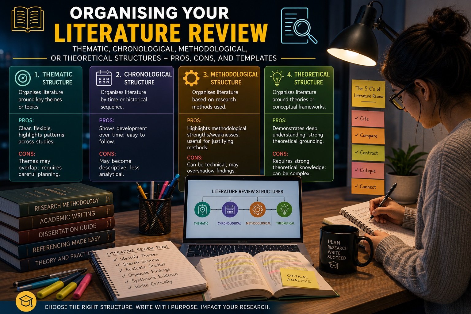 Organising Your Literature Review: Thematic, Chronological, Methodological, or Theoretical Structures – Pros, Cons, and Templates