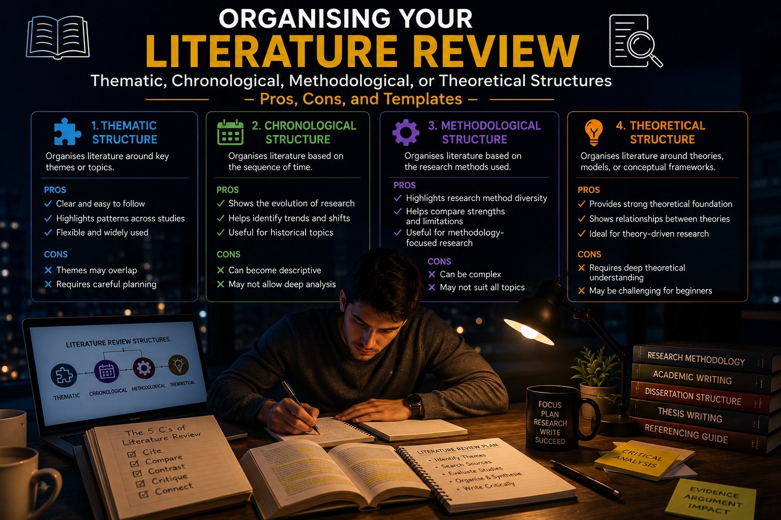 Organising Your Literature Review: Thematic, Chronological, Methodological, or Theoretical Structures – Pros, Cons, and Templates