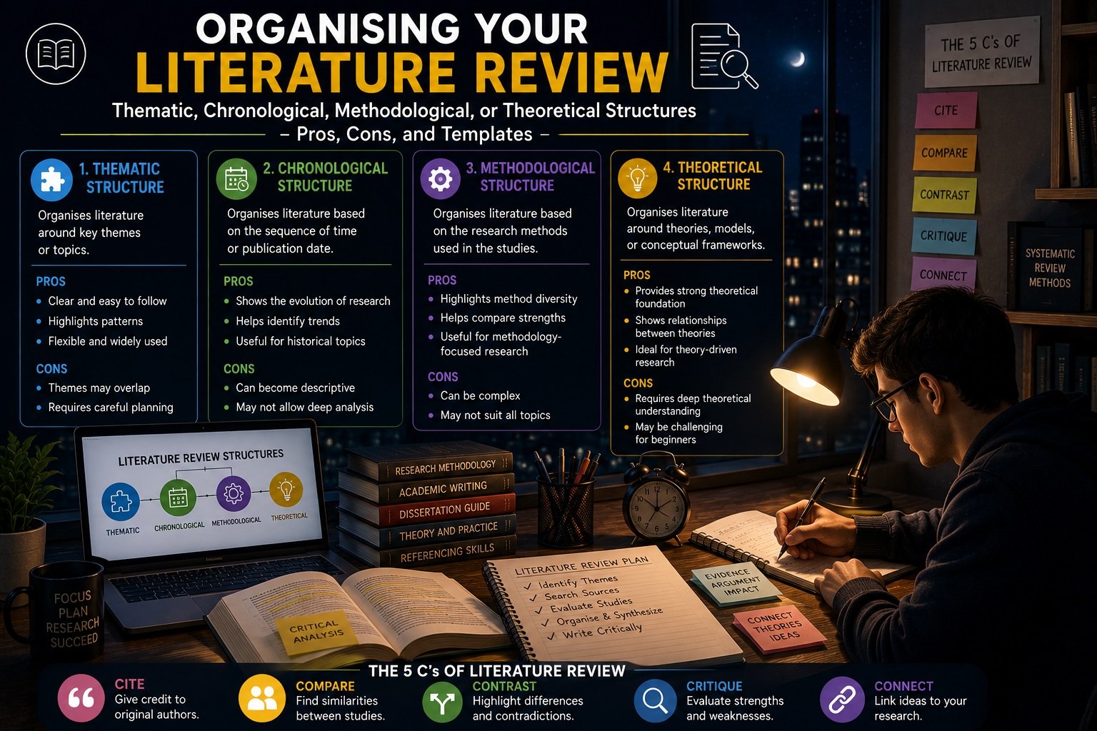 Organising Your Literature Review: Thematic, Chronological, Methodological, or Theoretical Structures – Pros, Cons, and Templates
