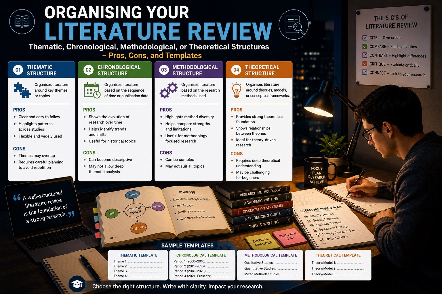 Organising Your Literature Review: Thematic, Chronological, Methodological, or Theoretical Structures – Pros, Cons, and Templates